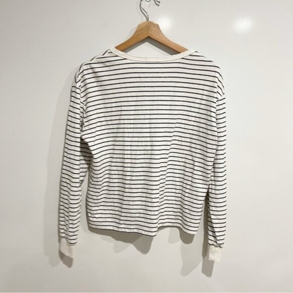Marine Layer Double Knit Carter Henley Long Sleeve Top in White/Black Stripe - Picture 4 of 9